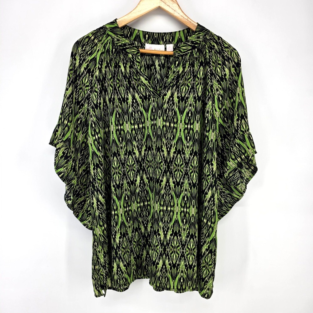Belle by Kim Gravel Blouse Womens XL Green Black Ikat Flutter Sleeve V-Neck Top